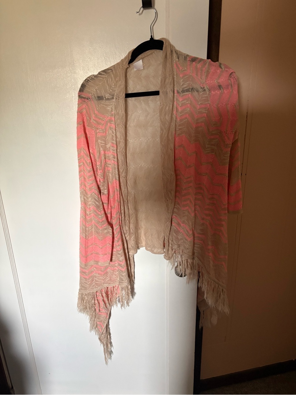 Maurices Beige and Coral Fringe Open-Front Cardigan